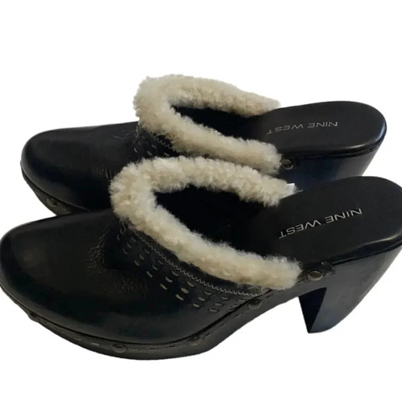 Nine West chunky heel clog mule Studded Black leather Size 8.5 Sherpa Retro - Picture 3 of 12
